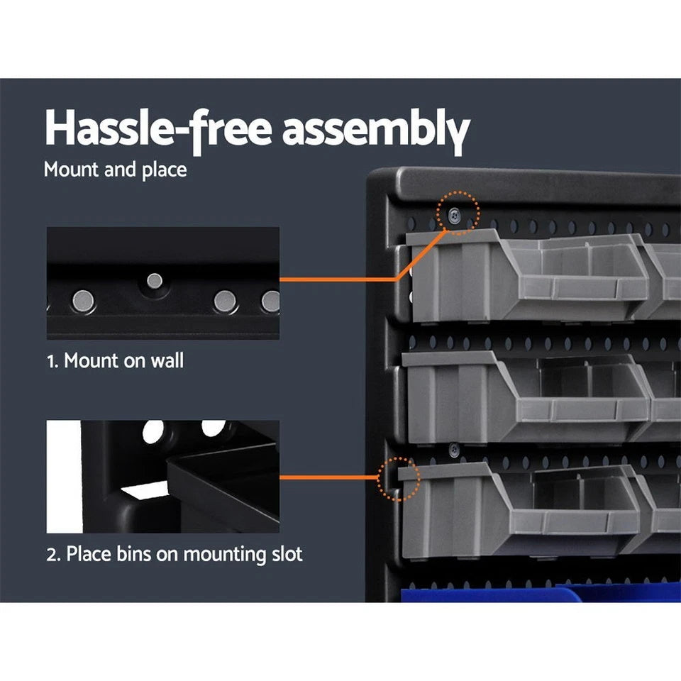 30 Bin Wall Mounted Storage Rack Organiser 18 Small 12 Large Bins Garage Workshop