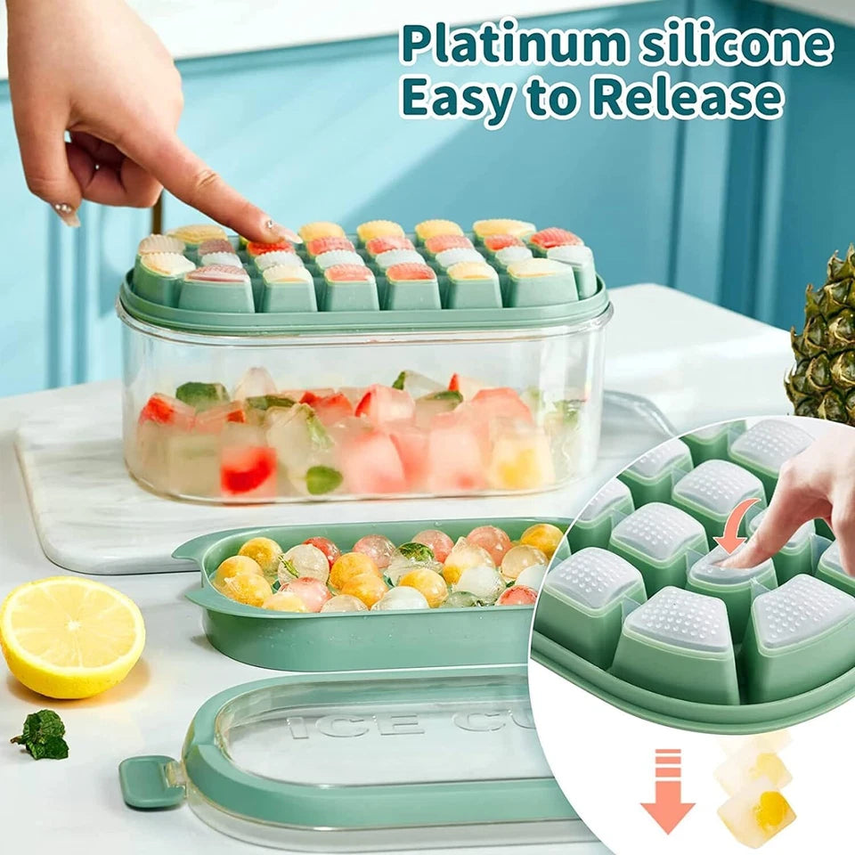 54 Grid Ice Cube Tray Set Silicone Moulds with Storage Box Lid Scoop Green