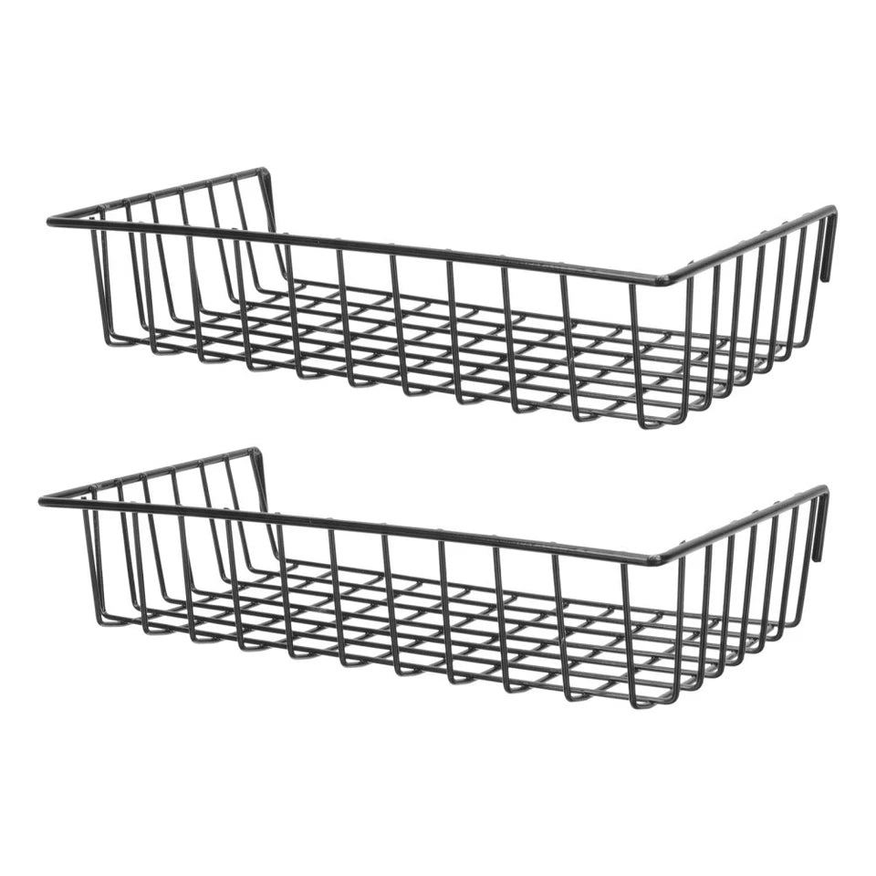 Set of 2 Wall Mounted Iron Grid Storage Baskets Black Hanging Organizers 22.5cm