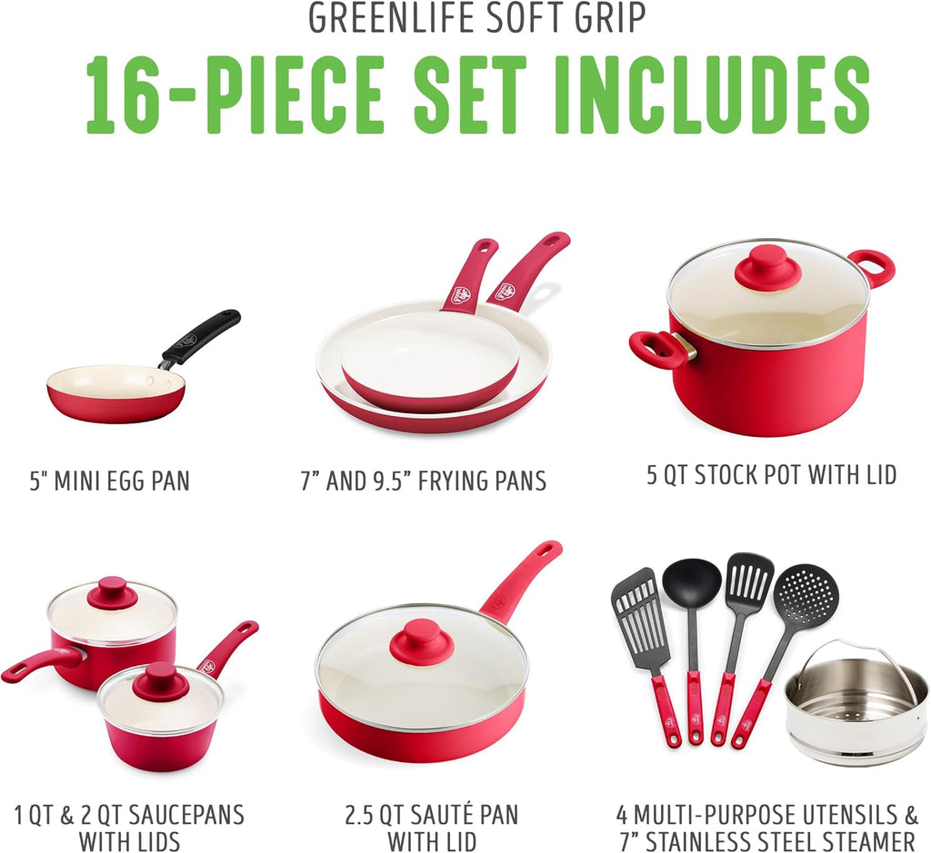 Soft Grip Healthy Ceramic Nonstick, 16 Pc Cookware Pots and Pans Set