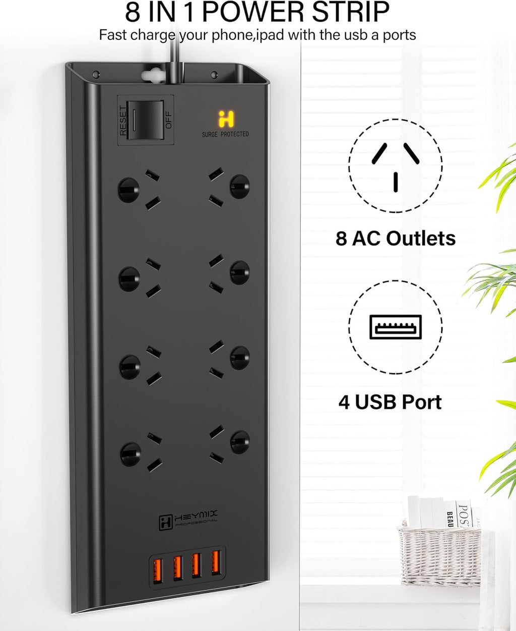  Powerboard USB, 8-Outlet Power Strip, Surge Protector Mountable with 4 USB Charging Ports Max 24W, 2.4A 