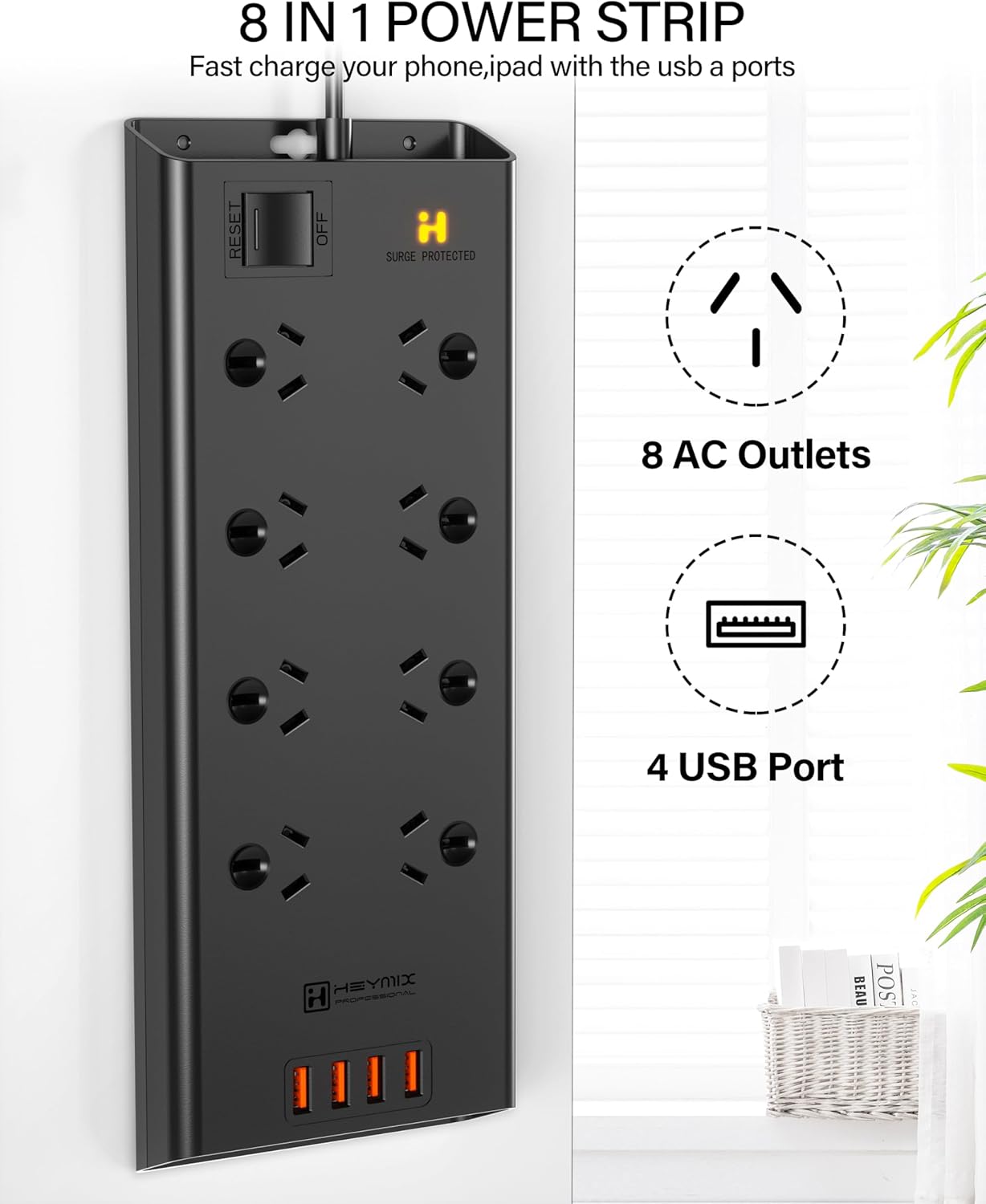  Powerboard USB, 8-Outlet Power Strip, Surge Protector Mountable with 4 USB Charging Ports Max 24W, 2.4A 