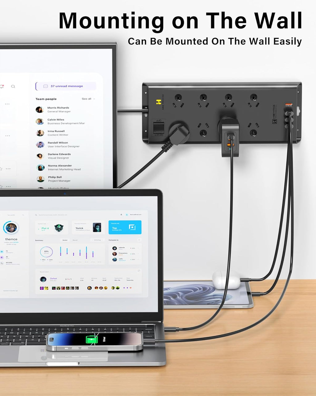  Powerboard USB, 8-Outlet Power Strip, Surge Protector Mountable with 4 USB Charging Ports Max 24W, 2.4A 