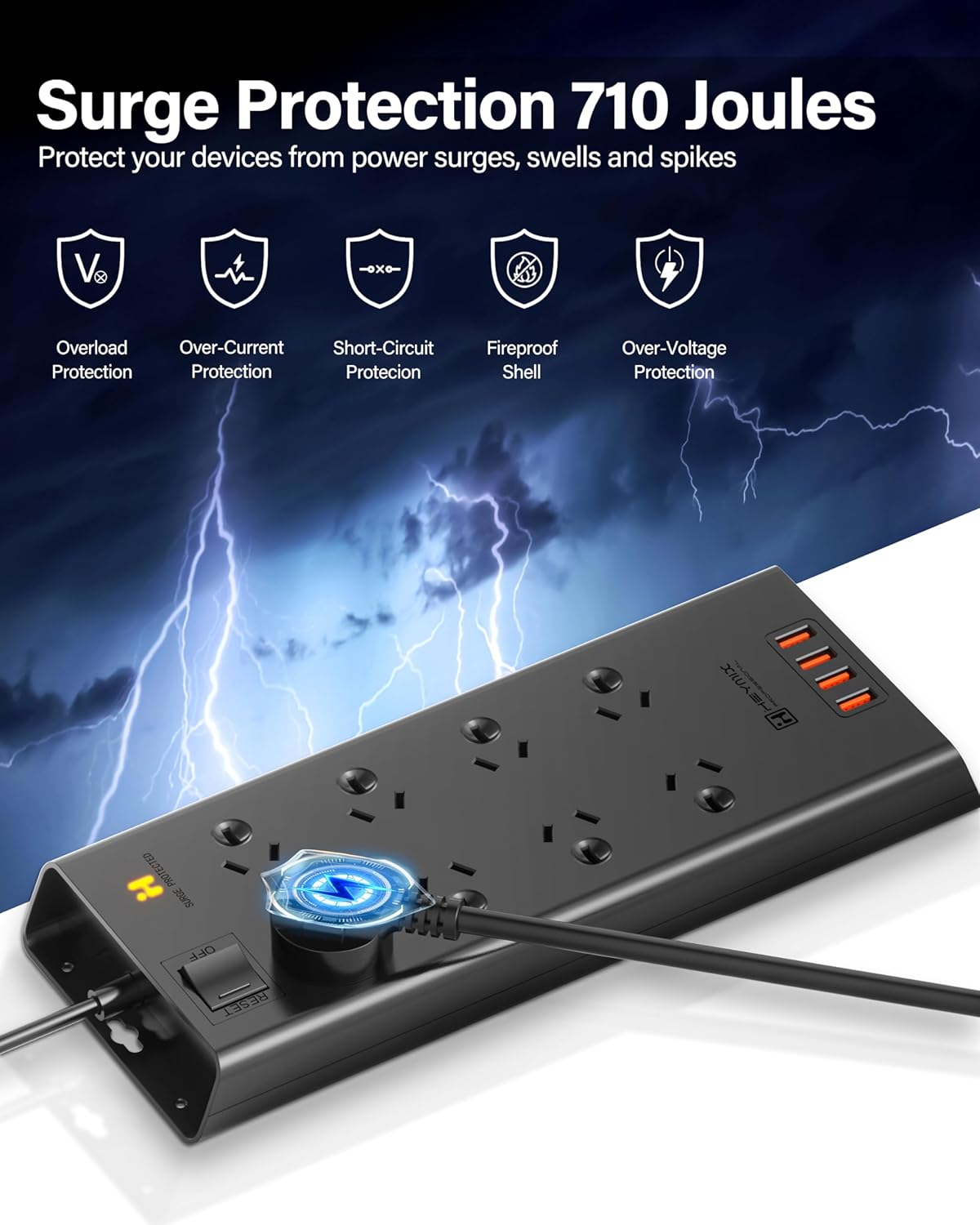  Powerboard USB, 8-Outlet Power Strip, Surge Protector Mountable with 4 USB Charging Ports Max 24W, 2.4A 