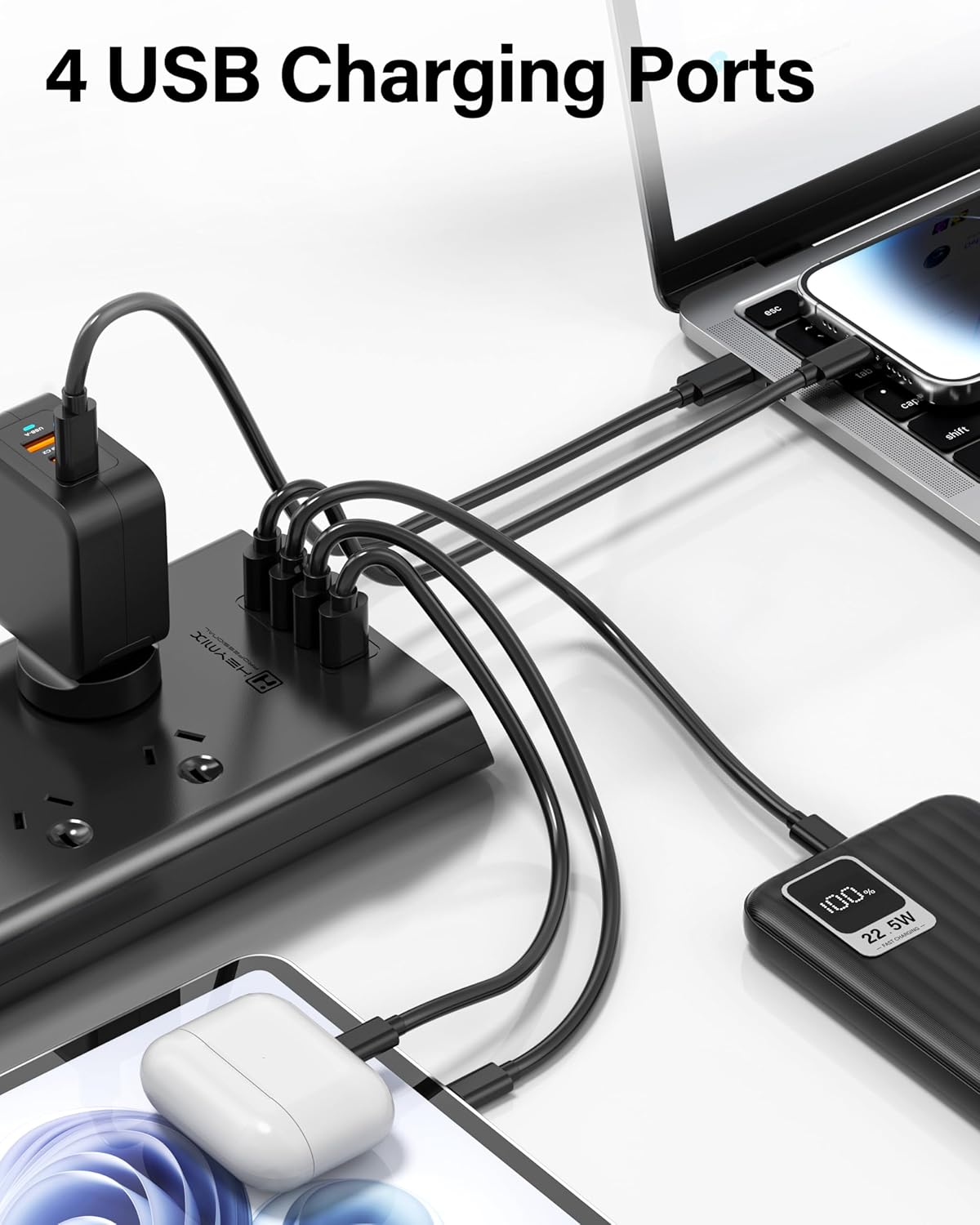  Powerboard USB, 8-Outlet Power Strip, Surge Protector Mountable with 4 USB Charging Ports Max 24W, 2.4A 