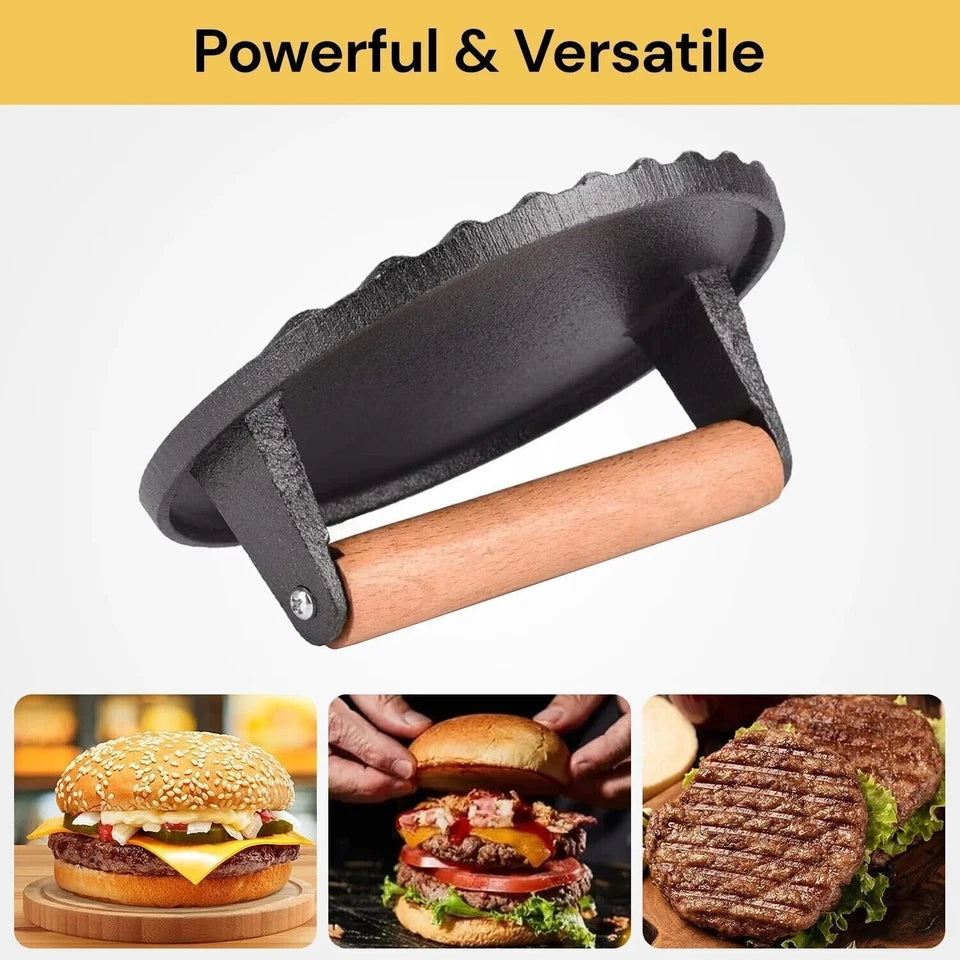 7" Cast Iron Burger Press with Solid Wood Handle Meat Smasher Grill Press