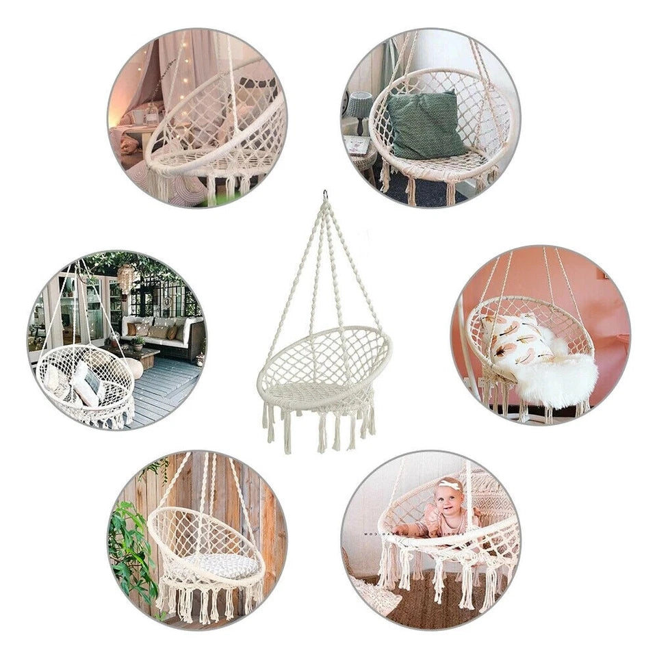 Macrame Hammock Chair Cotton Rope Swing Seat Beige Indoor Outdoor 120cm 150kg
