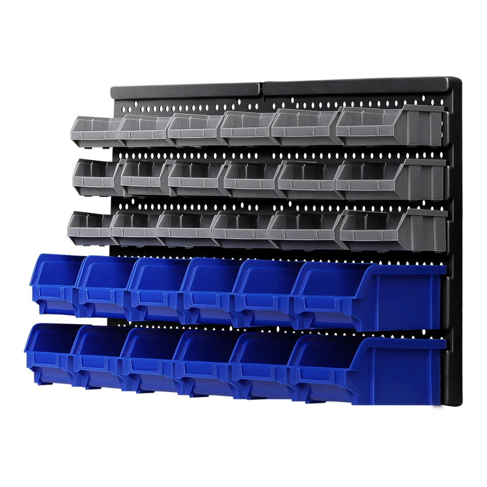 30 Bin Wall Mounted Storage Rack Organiser 18 Small 12 Large Bins Garage Workshop