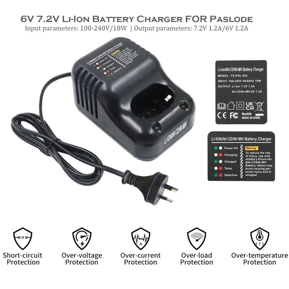Replacement Battery Charger for Paslode Li-Ion Ni-MH Ni-Cd Batteries 7.2V 1.2A