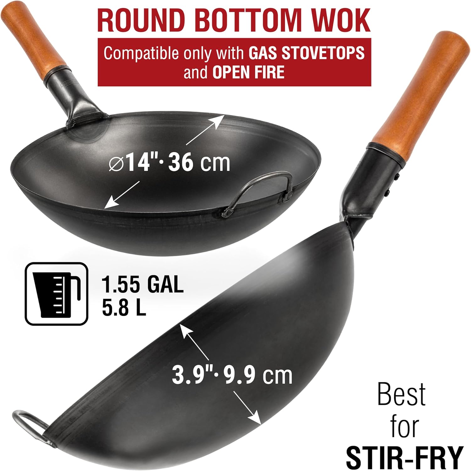 Carbon Steel Wok Pan -14"/36 Cm Woks and Stir Fry Pans 