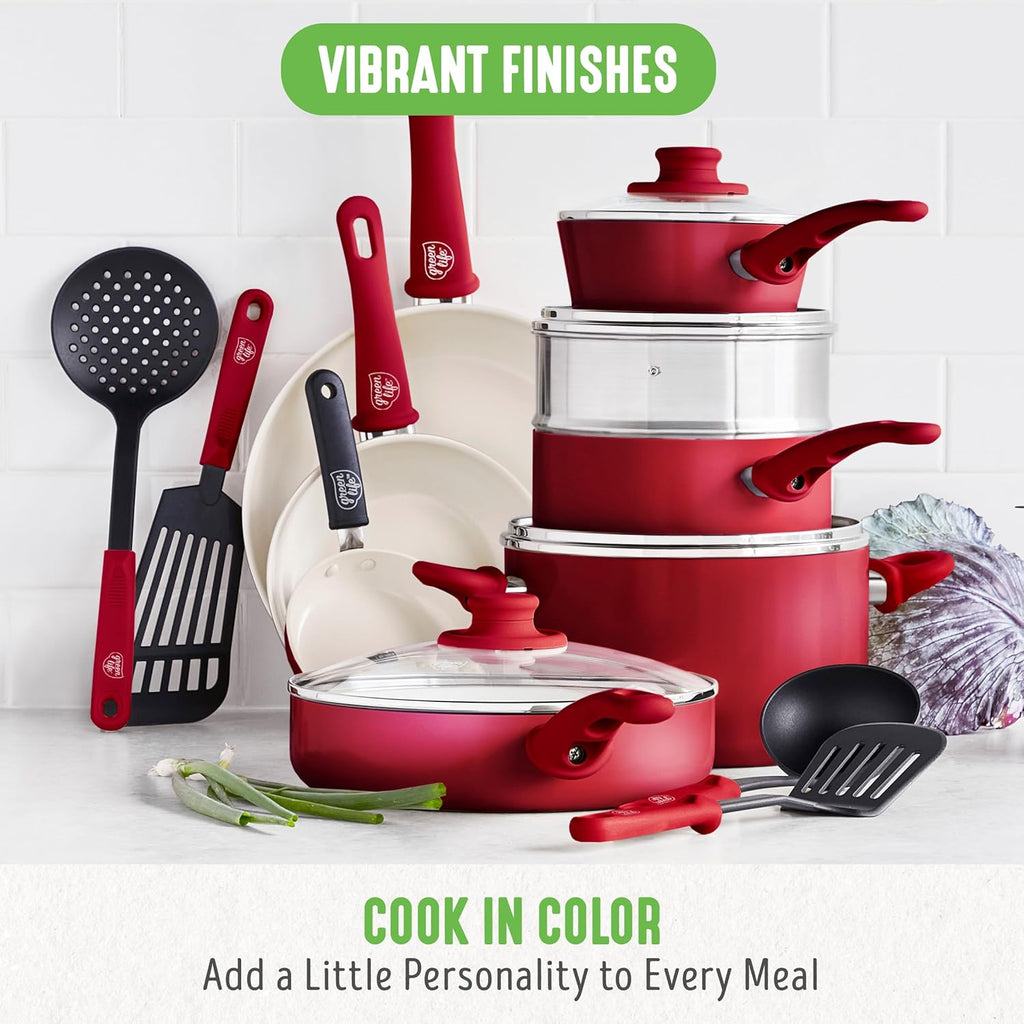 Soft Grip Healthy Ceramic Nonstick, 16 Pc Cookware Pots and Pans Set