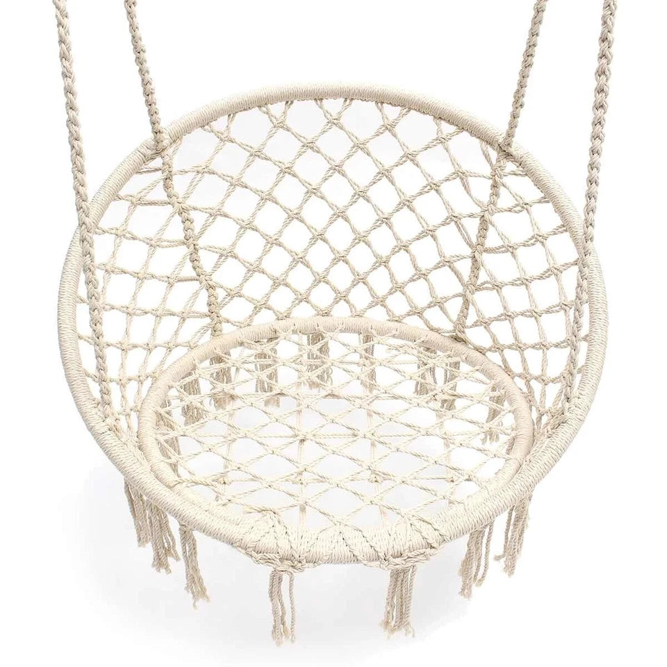 Macrame Hammock Chair Cotton Rope Swing Seat Beige Indoor Outdoor 120cm 150kg