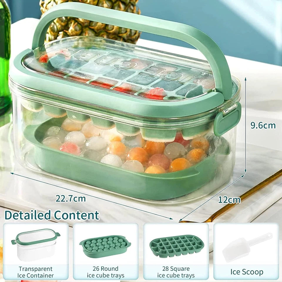 54 Grid Ice Cube Tray Set Silicone Moulds with Storage Box Lid Scoop Green