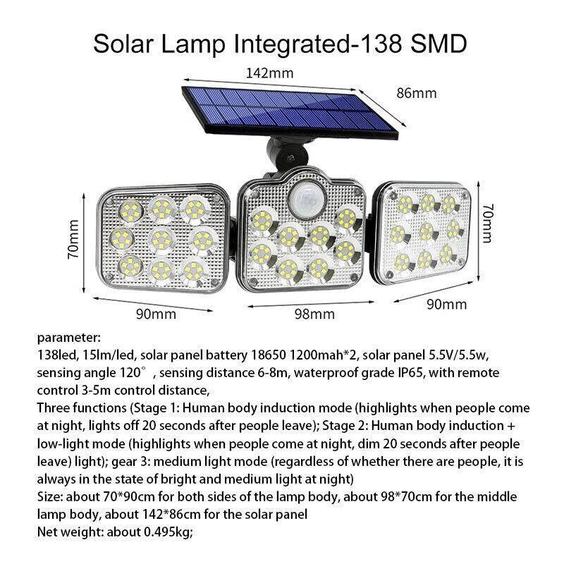 138 LED 3 Head Solar Motion Sensor Security Light IP65 Remote Control 2400mAh