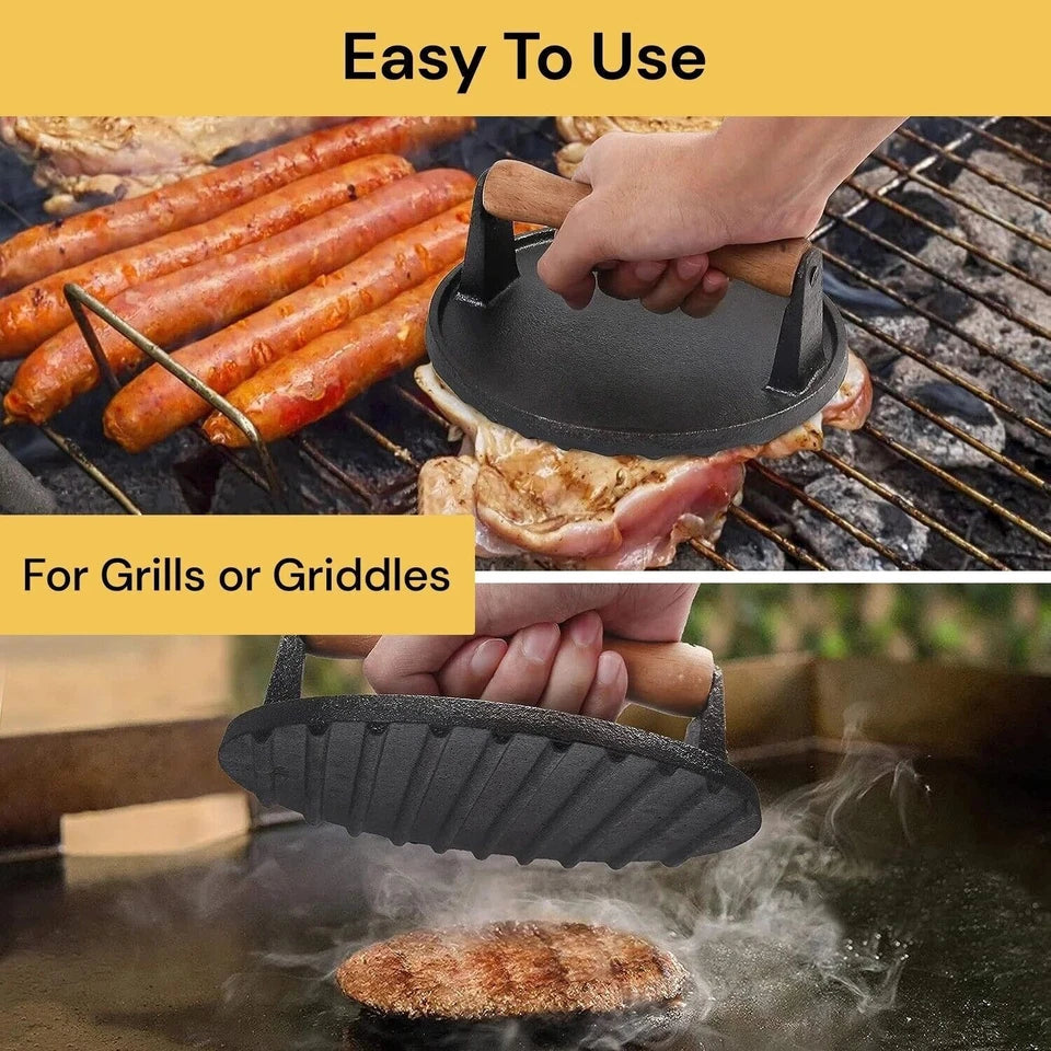 7" Cast Iron Burger Press with Solid Wood Handle Meat Smasher Grill Press