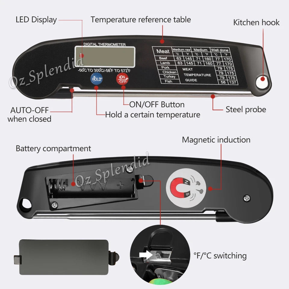 Digital Food Thermometer Foldable Probe Meat Cooking BBQ -50°C to 300°C