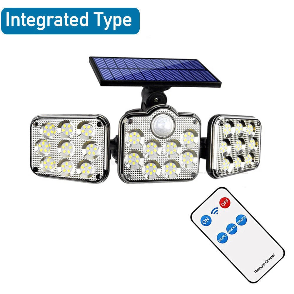 138 LED 3 Head Solar Motion Sensor Security Light IP65 Remote Control 2400mAh