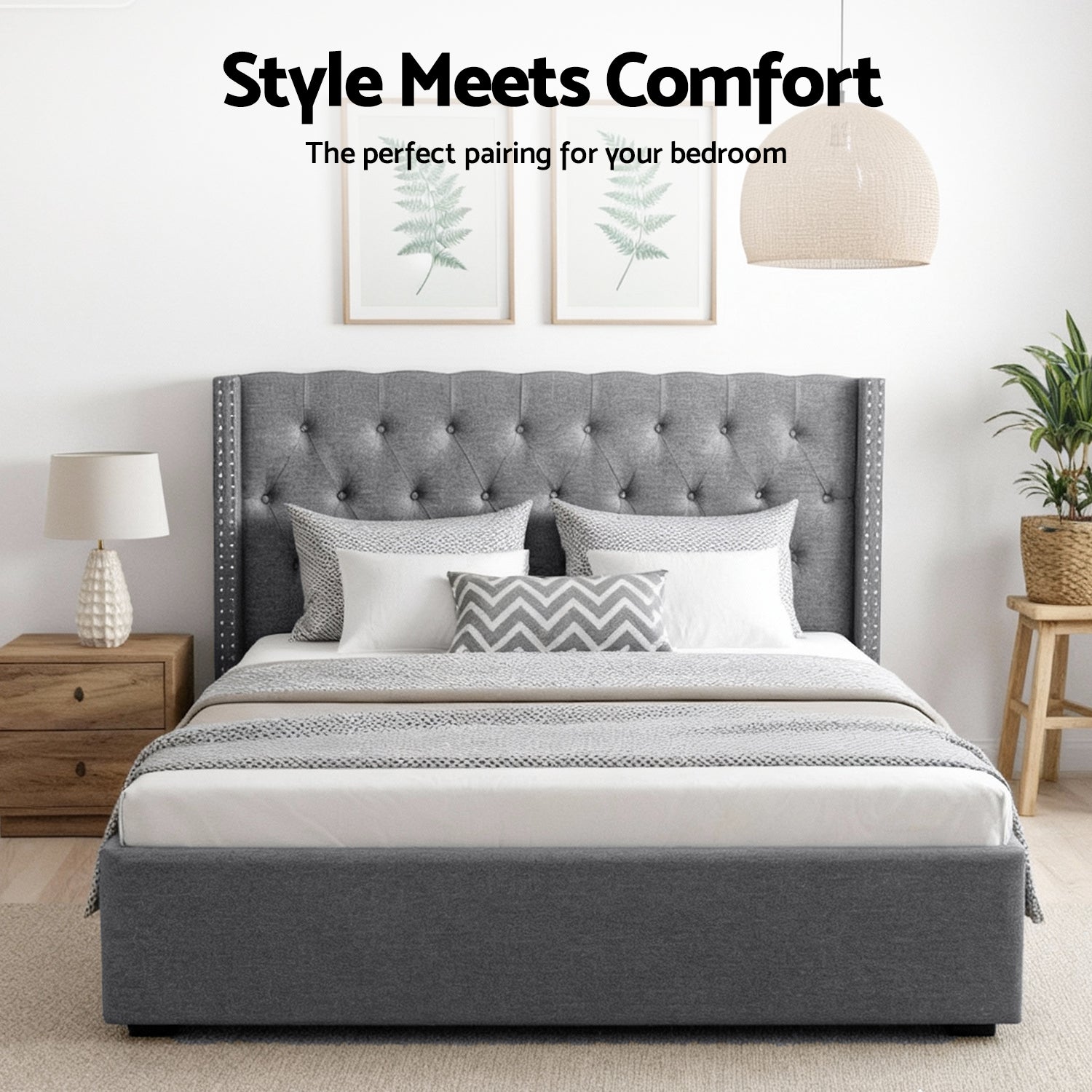 Artiss King Bed Frame Storage Tufted Headboard Gas Lift Base Grey