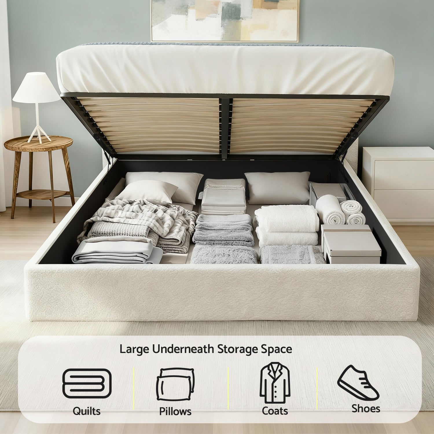 Artiss Queen Bed Frame with Gaslift Storage Wooden Platform Mattress Base Boucle Upholstered White