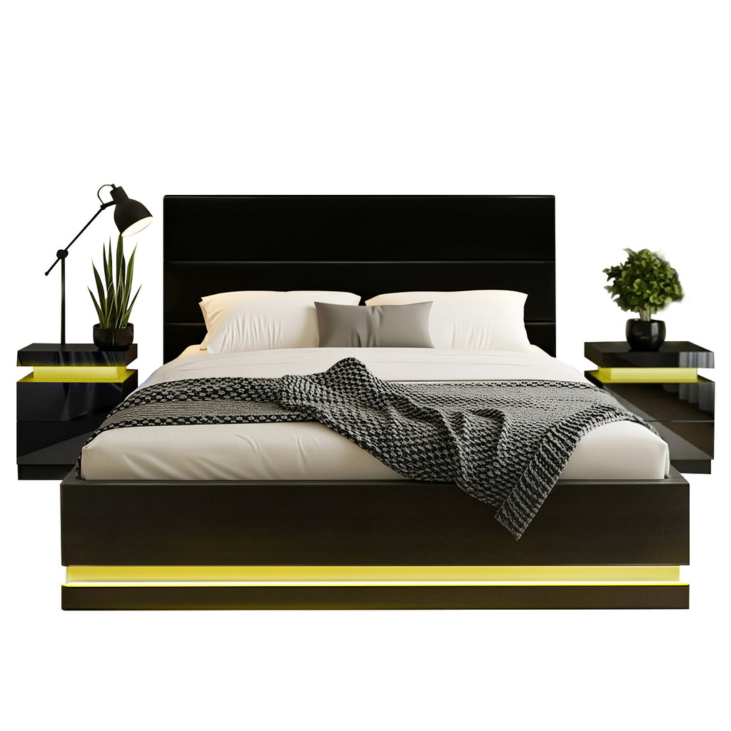 Artiss RGB LED Queen Bed Frame with 2 Beside Tables Set 16 Colour Mood Lighting