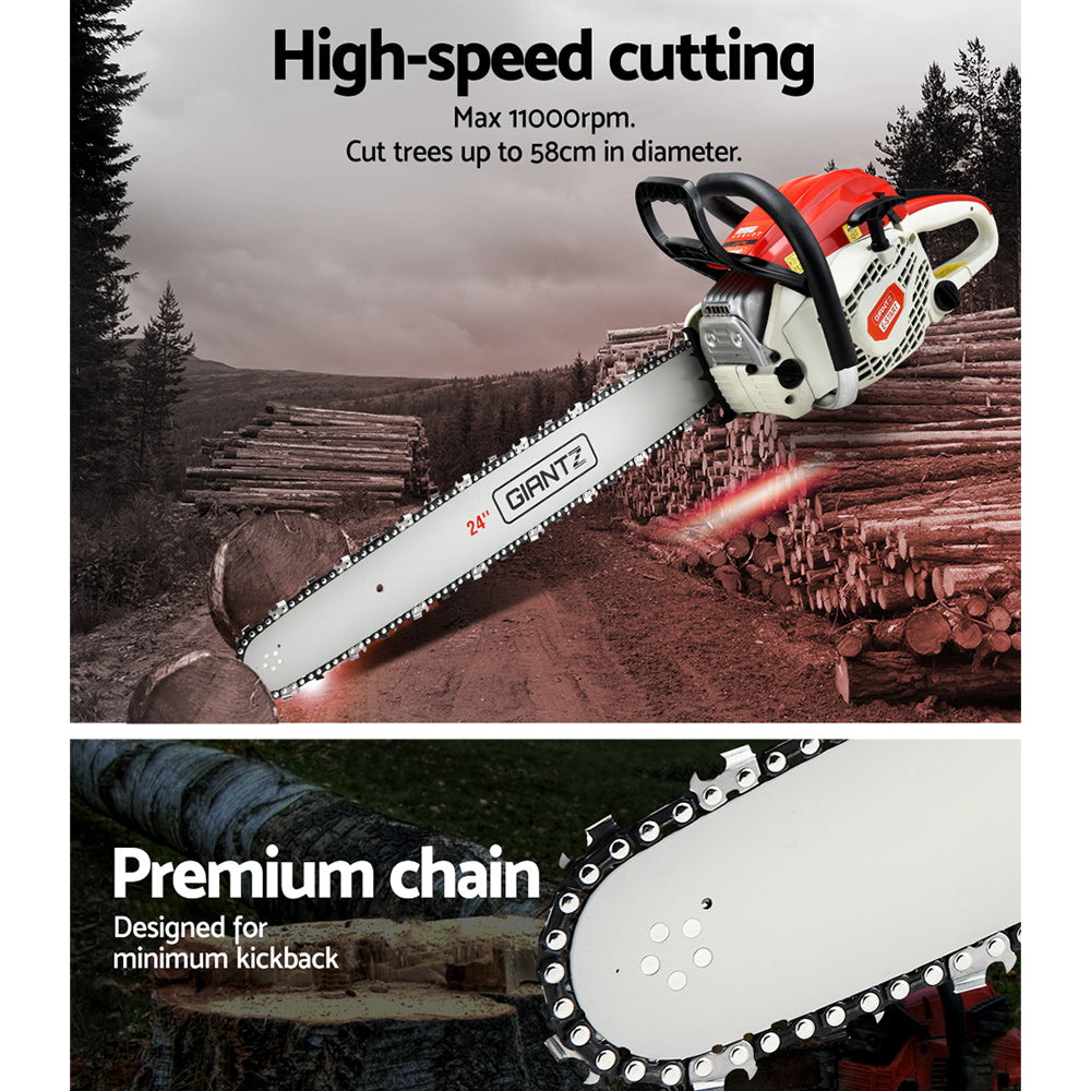 Giantz Chainsaw Petrol 65CC 24" Bar Commercial E-Start Pruning Chain Saw