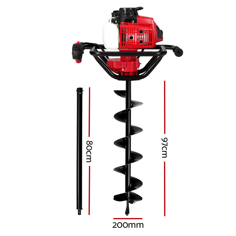 Giantz 63CC Post Hole Digger 200mm Petrol Drill Extension Auger Bits