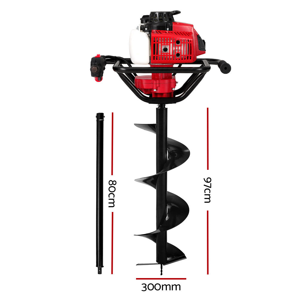 Giantz 63CC Post Hole Digger 300mm Petrol Drill Extension Auger Bits