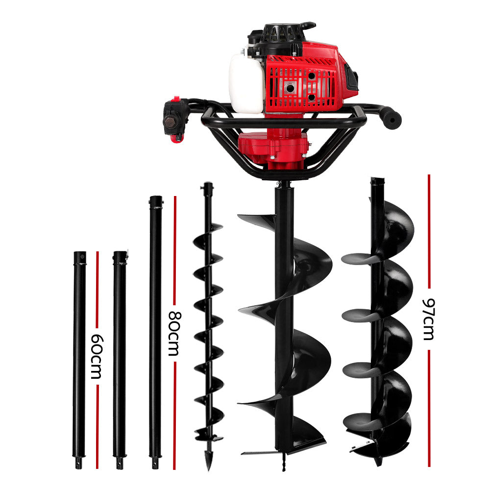 Giantz Post Hole Digger 63CC Petrol Motor Drill Extension Auger Bits Kits