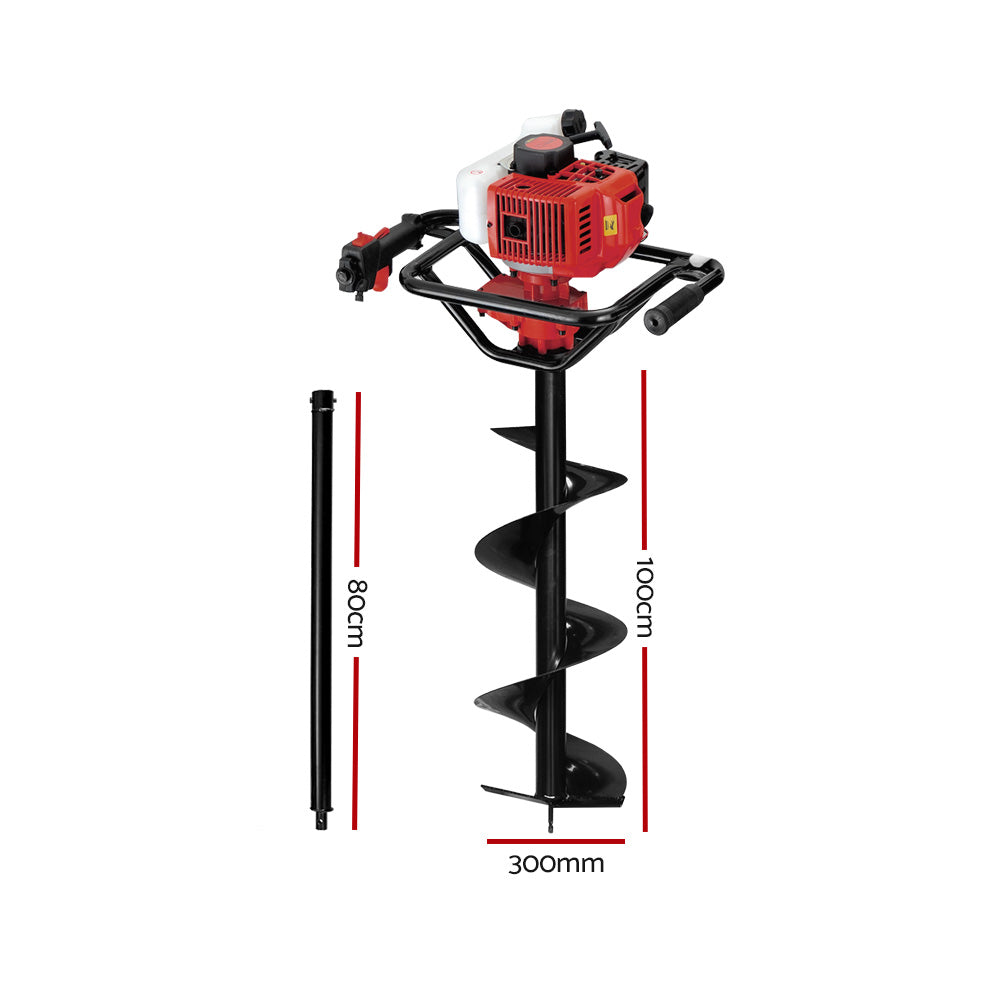 Giantz 65CC Post Hole Digger 300mm Petrol Drill Extension Bits Auger