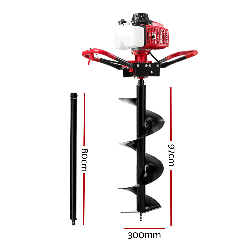 Giantz 63CC Post Hole Digger 300mm Petrol Drill Extension Auger Bits