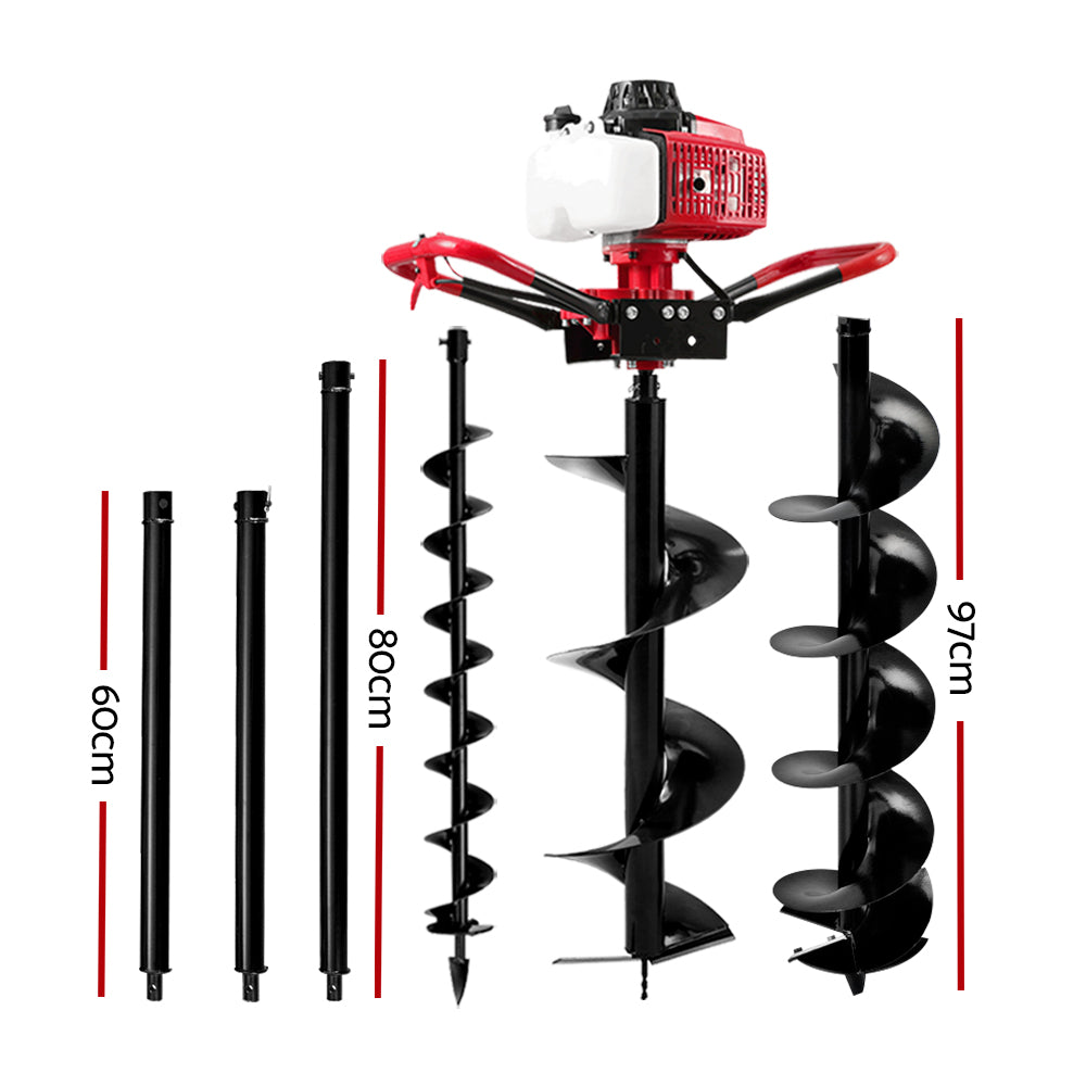 Giantz 63CC Post Hole Digger Petrol Motor Drill Extension Auger Bits Kits