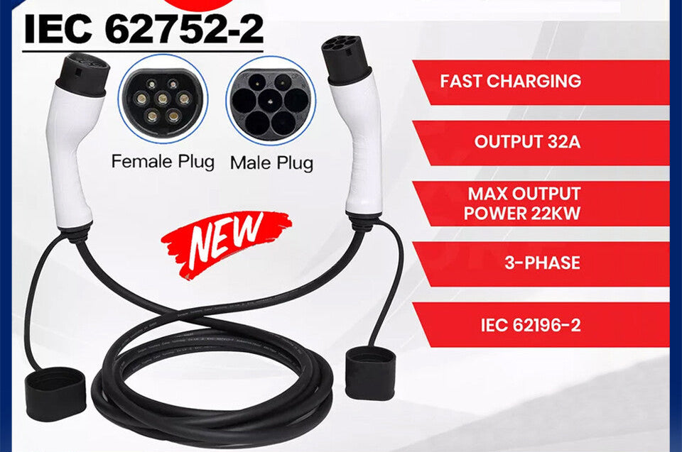 EV Power Cable Type 2 Universal Portable 5M Charging 32A 22Kw 3-Phase Telsa BYD