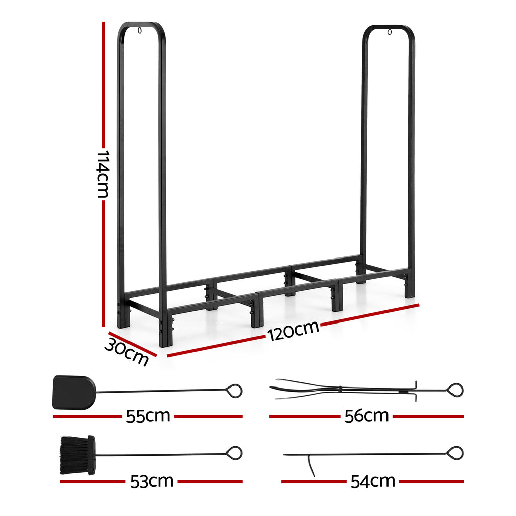 Gardeon Firewood Rack 120cm Wood Rack 3 Sizes Firewood Storage with Tools Black