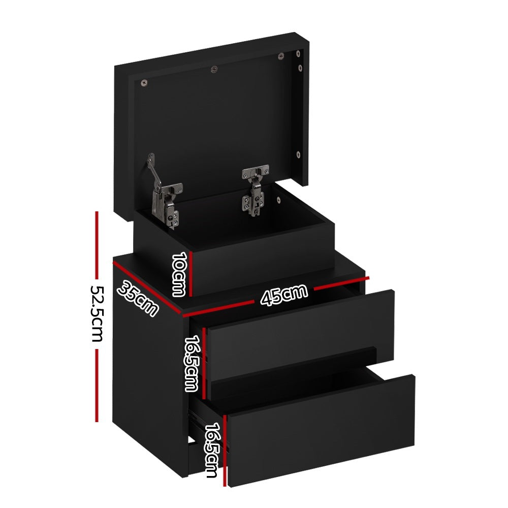 Artiss 2X Bedside Table LED 2 Drawers Lift-up Storage - COLEY Black