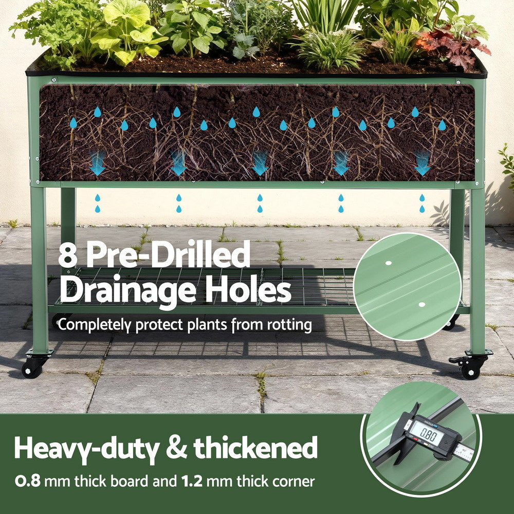 Green Fingers Elevated Raised Garden Bed Kit Mobile w/ Locking Wheels & Storage Shelf 100KG Max Load 115x60x81cm | Galvanized Steel, Portable Green Organizer for Seniors, Patio, Balcony, Vegetables