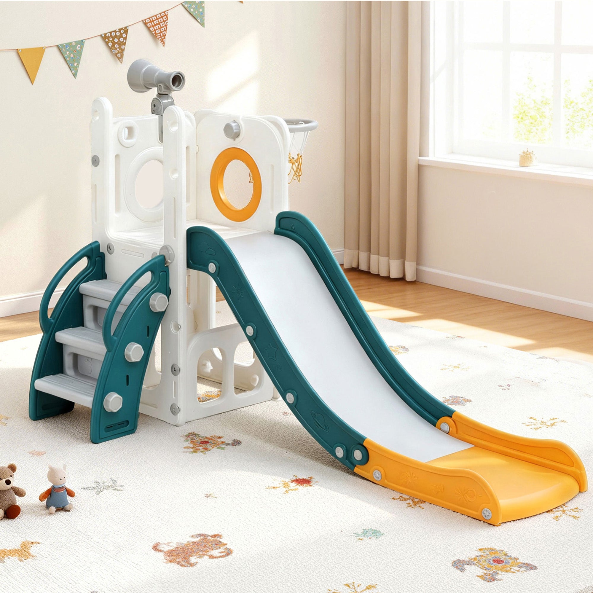 Keezi Kids Slide Set Basketball Hoop Outdoor Playground Outdoor Toys Telescope Storage