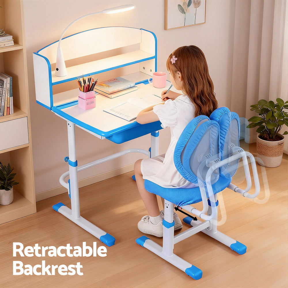 Keezi Kids Study Desk Chair Set Adjustable Ergonomic Table LED Lamp Blue