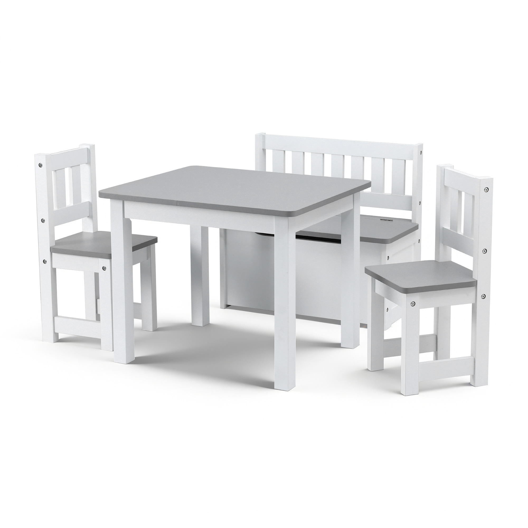 Keezi 2 in 1 Kids Table and Chair Set, Activity Table with Storage Bench and 2 Chairs for Reading, Drawing, Writing, Snack Time & Arts Crafts, 4 PCS Toddler Table and Chair Set, Grey
