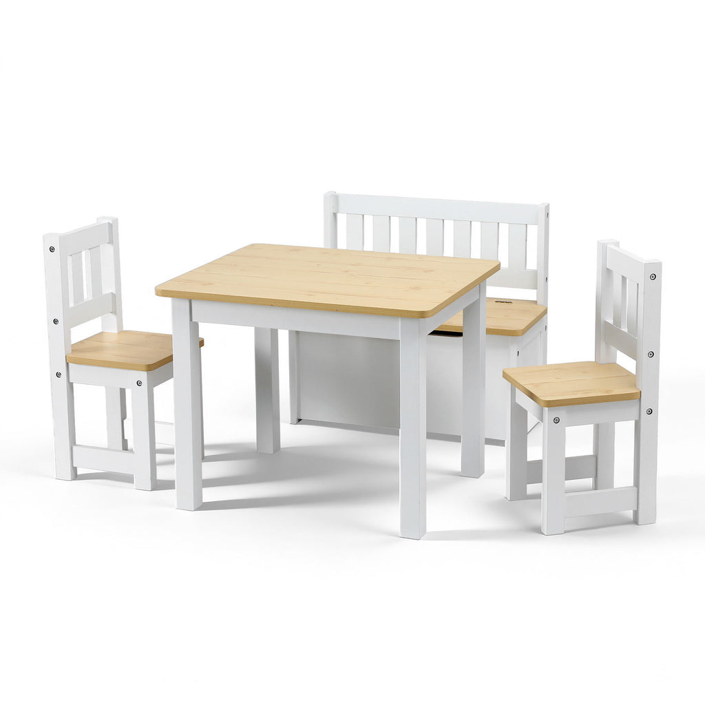 Keezi 2 in 1 Kids Table and Chair Set, Activity Table with Storage Bench and 2 Chairs for Reading, Drawing, Writing, Snack Time & Arts Crafts, 4 PCS Toddler Table and Chair Set, Natural