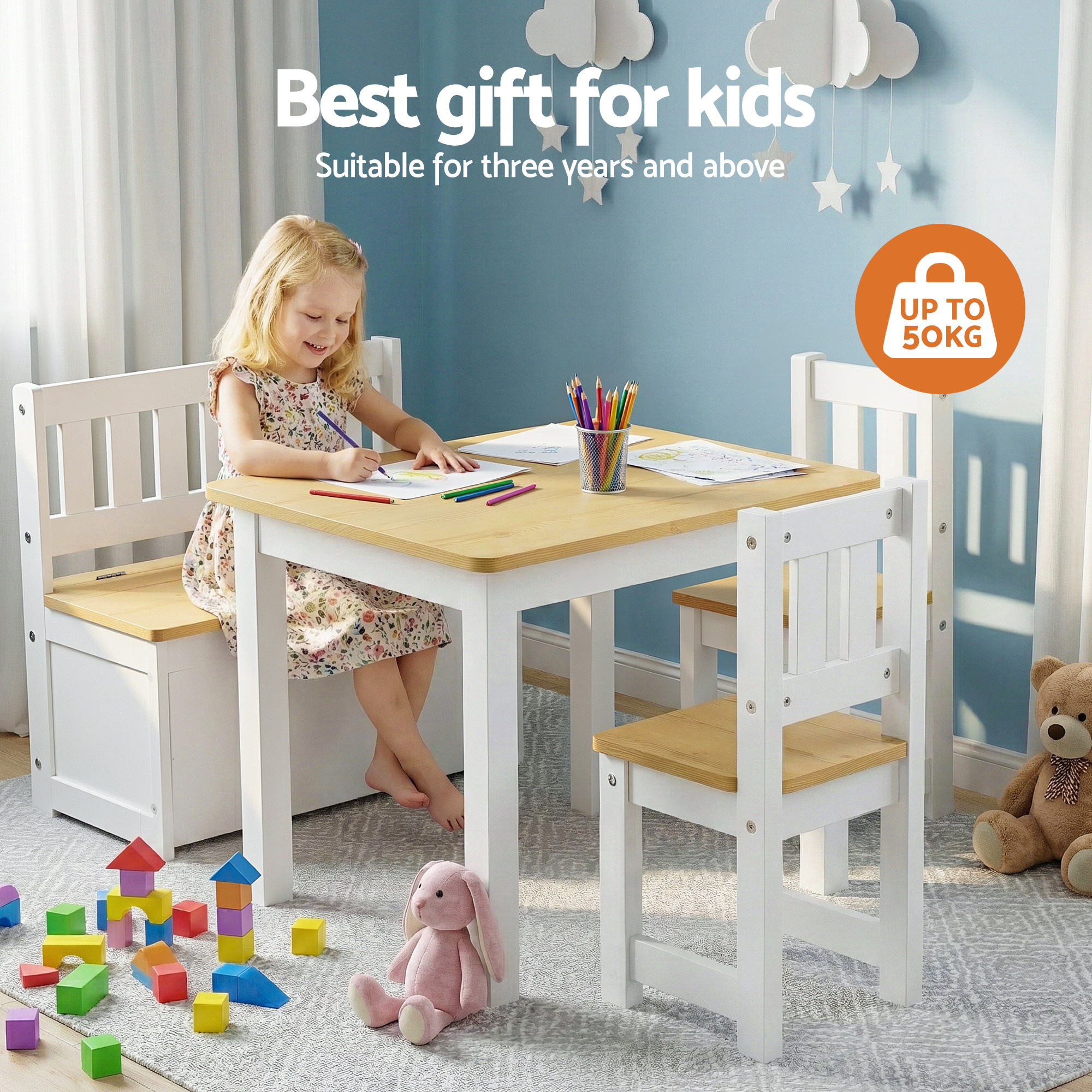 Keezi 2 in 1 Kids Table and Chair Set, Activity Table with Storage Bench and 2 Chairs for Reading, Drawing, Writing, Snack Time & Arts Crafts, 4 PCS Toddler Table and Chair Set, Natural