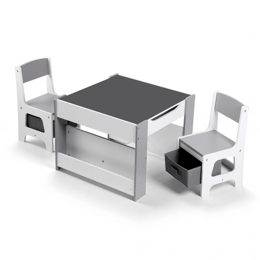 Keezi Kids Table and Chair Set, 4 in 1 Wooden Activity Table with Bookcase, Storage Box and Detachable Blackboard, Toddler Table and 2 Chairs Set, Grey