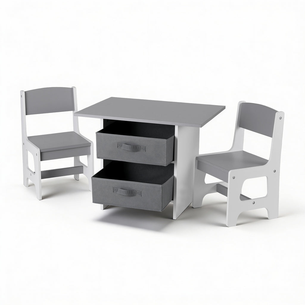 Keezi Kids Table and 2 Chairs Set Wooden Activity Table wit 2 Storage Drawers, Toddler Table and Chair Set for Children Drawing, Reading, Crafts, Eating, Grey