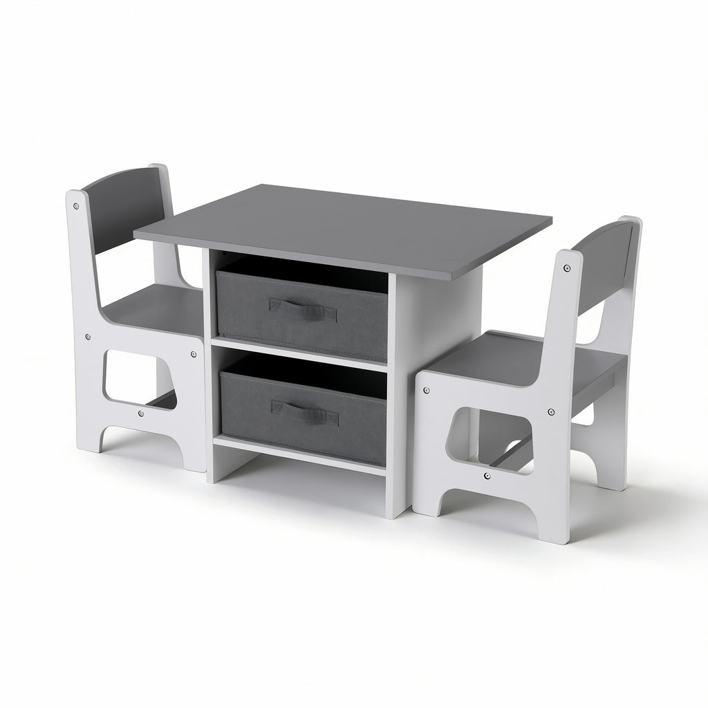 Keezi Kids Table and 2 Chairs Set Wooden Activity Table wit 2 Storage Drawers, Toddler Table and Chair Set for Children Drawing, Reading, Crafts, Eating, Grey