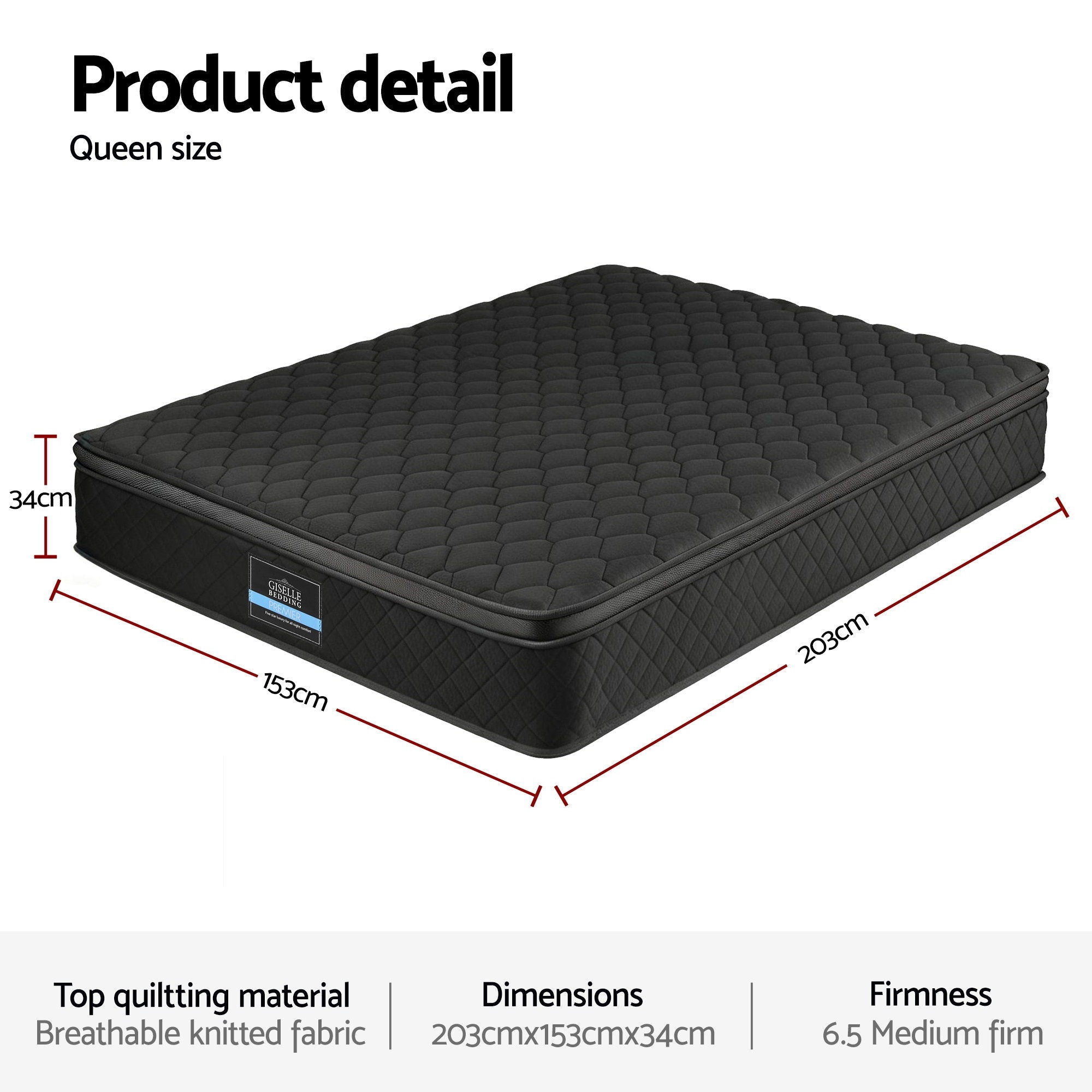 Giselle Bedding Mattress 34cm 5-Zone Pocket Spring Egg-crate Memory Foam Queen