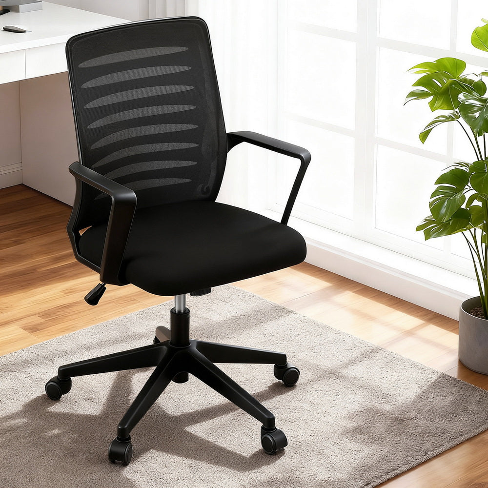 Artiss Ergonomic Office Chair Mesh Computer Desk Chairs with Lumbar Support, Height Adjustment Swivel Chair Mid Back for Home Office Study, Black
