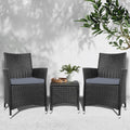Gardeon 3PC Outdoor Bistro Set Patio Furniture Wicker Chairs Table Cushion All Black