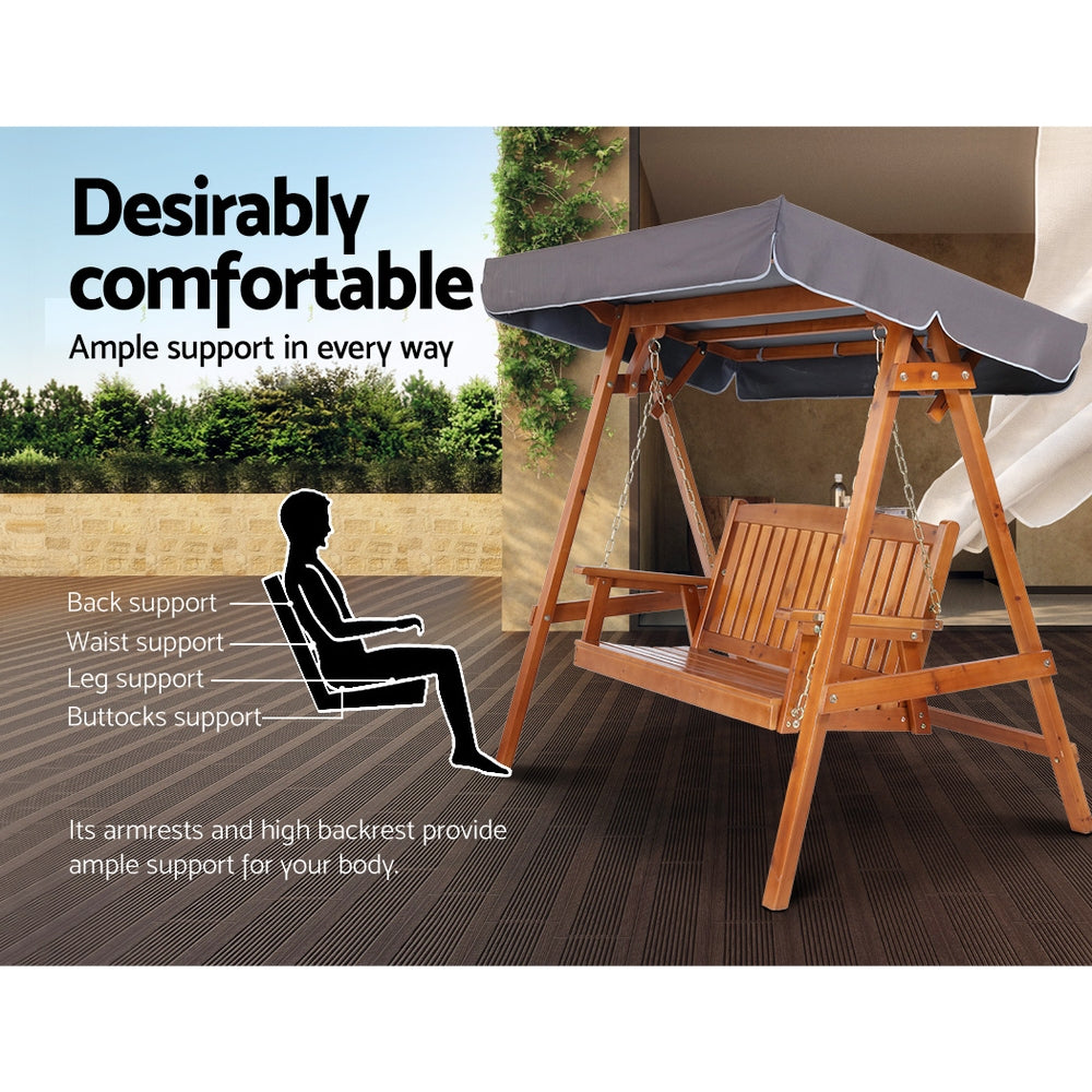Gardeon Outdoor Wooden Swing Chair Garden Bench Canopy Cushion 3 Seater Teak