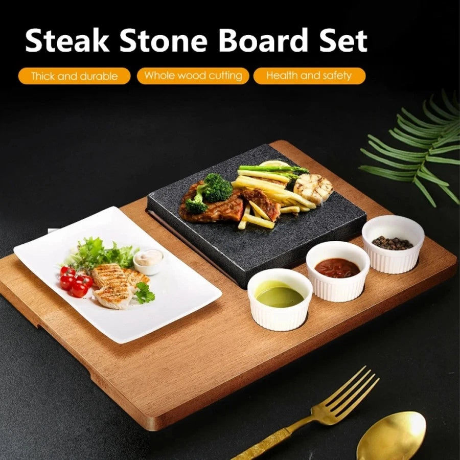 Black Rock Grill Steak Stone Set Hot Stone Cooking Steak Stone W/Ceramic Dishes