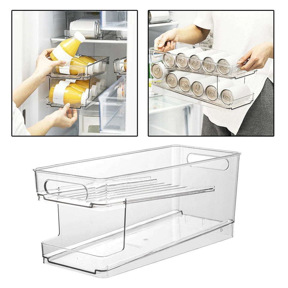 2-Layer Rolling Can Dispenser Plastic Fridge Beer Tin Holder Organiser Soda Rack
