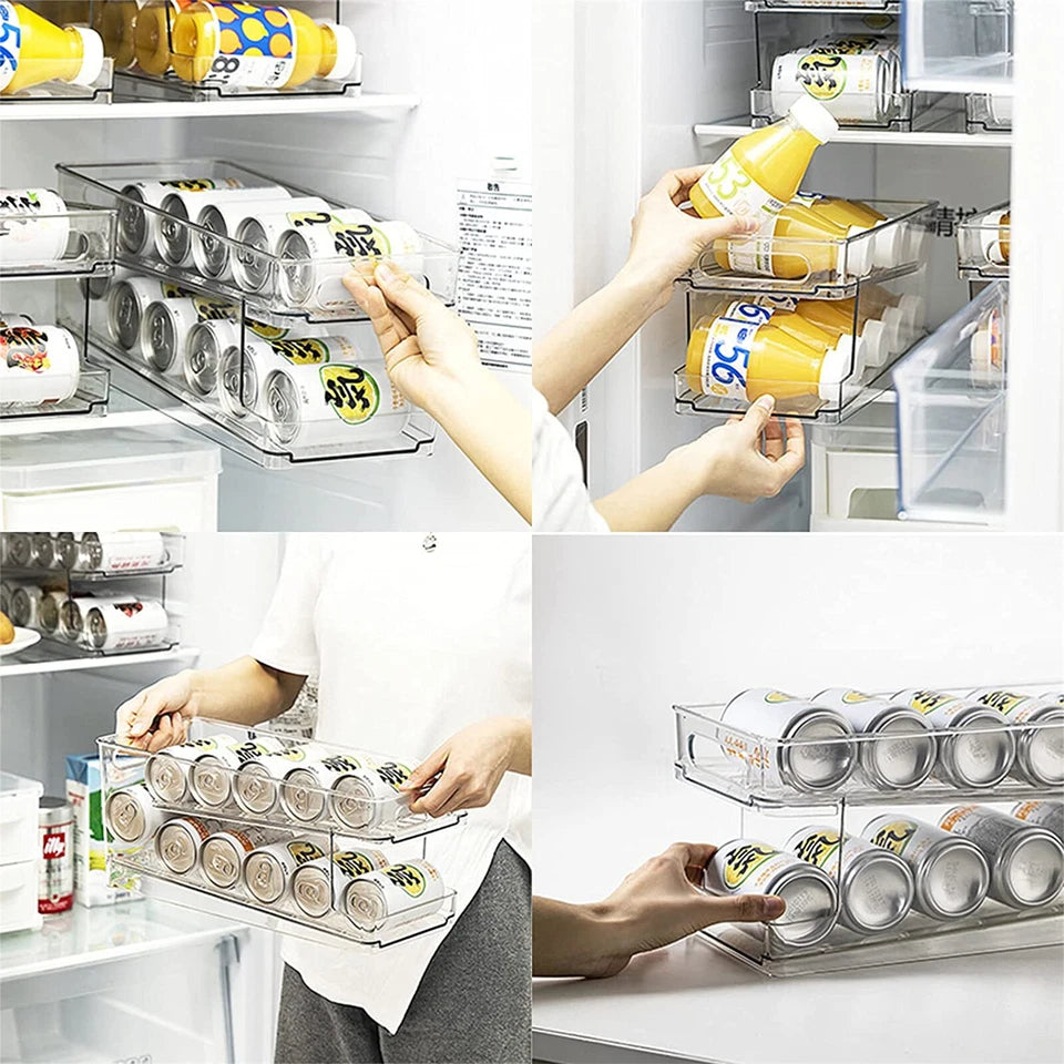 2-Layer Rolling Can Dispenser Plastic Fridge Beer Tin Holder Organiser Soda Rack